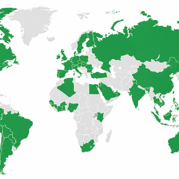 World map highlighting selected countries in green across various continents.