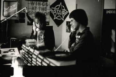Rodney Bingenheimer and Phast Phreddie Patterson, taking live calls on KROQ, the night The Pop were 