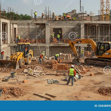 Construction workers building a multi-story structure with heavy machinery on site.