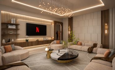 Luxurious modern living room with Netflix on TV.