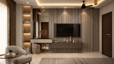 Bespoke TV unit design in a contemporary Gurgaon home featuring fluted wall panelling, custom storage and warm ambient lighting.