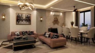 Luxury contemporary apartment living and dining room in Gurgaon featuring bespoke furniture, warm lighting and refined modern interiors.