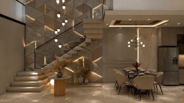 Modern dining area and staircase with ambient lighting.
