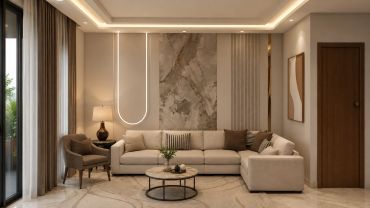 Modern living room with beige sofa and armchair.