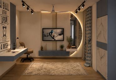 Modern cozy study room with a TV and motivational wall art.