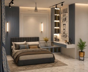 Modern bedroom with motivational wall art and cozy bedding.