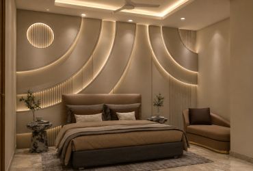 Modern beige bedroom with artistic wall lighting.
