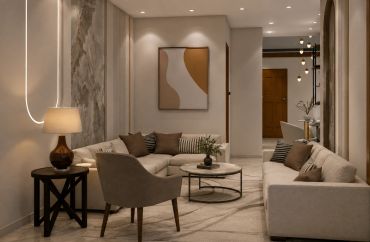 Modern cozy living room with neutral tones and subtle lighting.