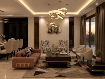 Luxury contemporary living room in Gurgaon featuring bespoke furniture, statement lighting and a refined neutral interior palette.