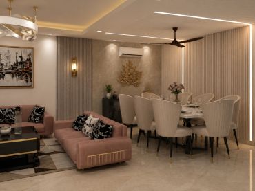 Contemporary living and dining room interior in Gurgaon with bespoke furniture, warm lighting and elegant modern finishes.