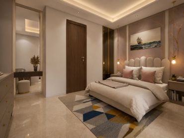 Contemporary bedroom design in Gurgaon featuring an upholstered bed, elegant wall panelling, pendant lights and a refined neutral palette.