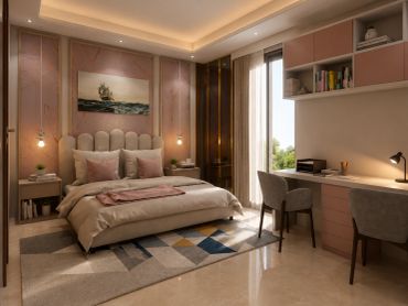 Modern bedroom interior in Gurgaon with a study area, custom storage, upholstered bed and soft neutral finishes.