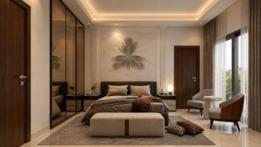 Luxury bedroom interior in Gurgaon featuring a neutral colour palette, upholstered bed, warm ambient lighting and contemporary wall detailing.