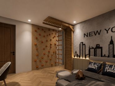 Modern room with climbing wall and wooden ladder.