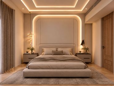 Modern bedroom with warm lighting and neutral tones.