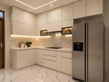 Modern beige kitchen with marble flooring and backsplash.
