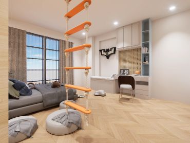 Modern kids' room with indoor climbing rope and study area.