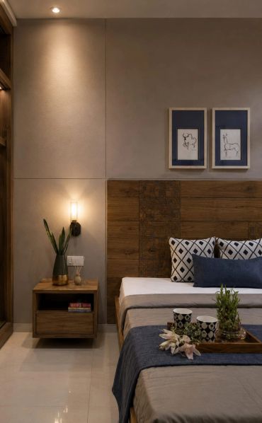 Cozy modern bedroom with wooden furniture and soft lighting.