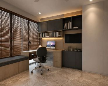 Modern home office with wooden blinds and sleek furniture.