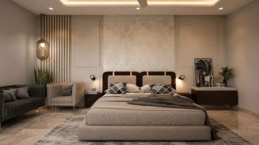 Modern bedroom with beige and dark tones and stylish lighting.