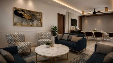 Modern living room with blue sofas and patterned chairs.
