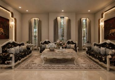 Elegant living room with classic furniture and warm lighting.
