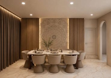 Elegant dining room with warm lighting and modern chairs.