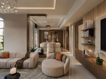 Modern living room with neutral tones and plush seating.