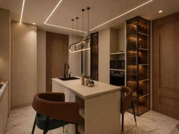 Modern kitchen with warm lighting and sleek design.