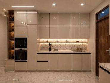 Modern beige kitchen with marble accents and built-in appliances.