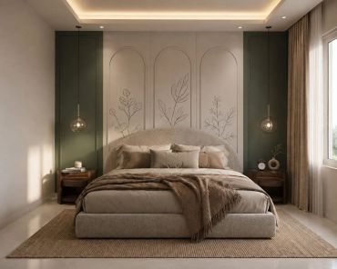 Modern bedroom with neutral tones and botanical wall art.
