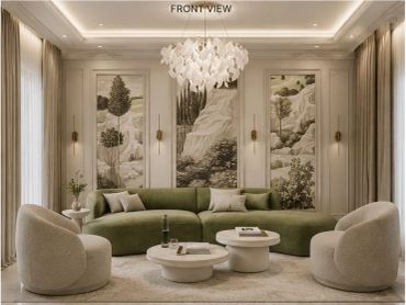 Elegant living room with green sofa and artistic wall panels.