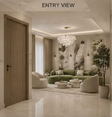 Luxurious living room with elegant green sofa and modern decor.
