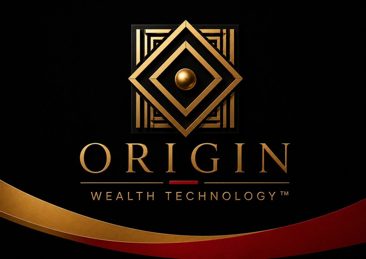 Elegant gold and black logo for Origin Wealth technology.