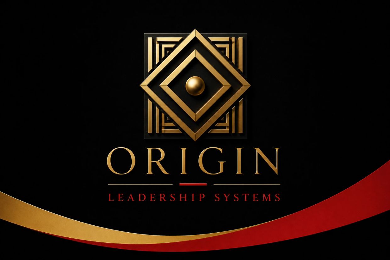 Elegant gold and red logo for Origin Leadership Systems.