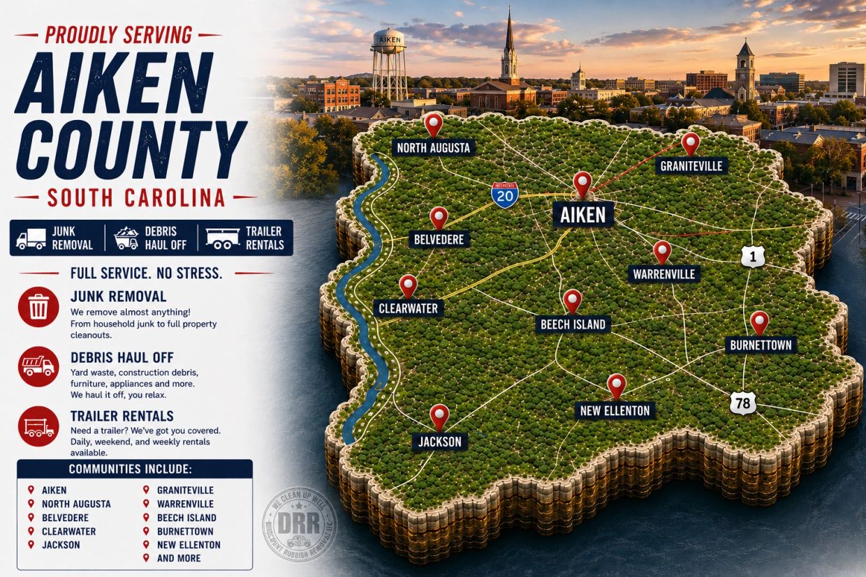 Map of Aiken County with junk removal services info.