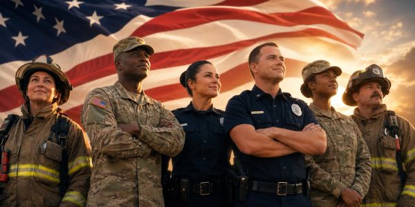Heroes from different professions stand united with an American flag behind them.