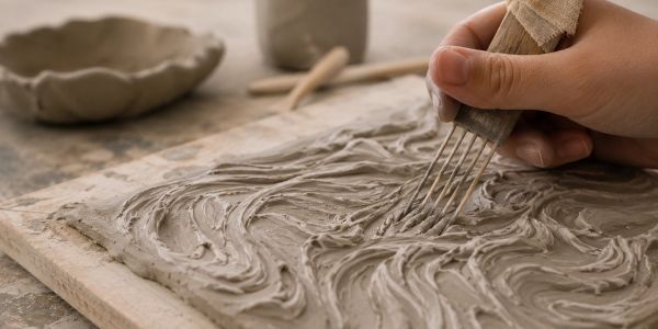 Hand carving patterns into clay.