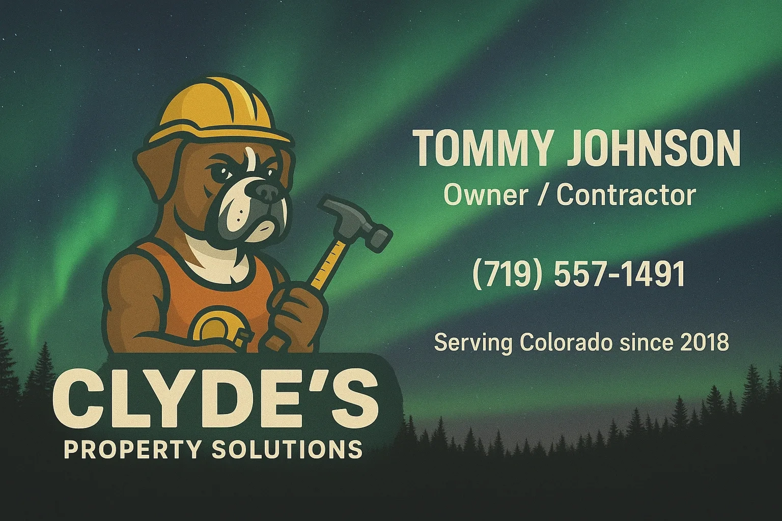 Business card for Clyde's Property Solutions with a dog mascot and contact details.