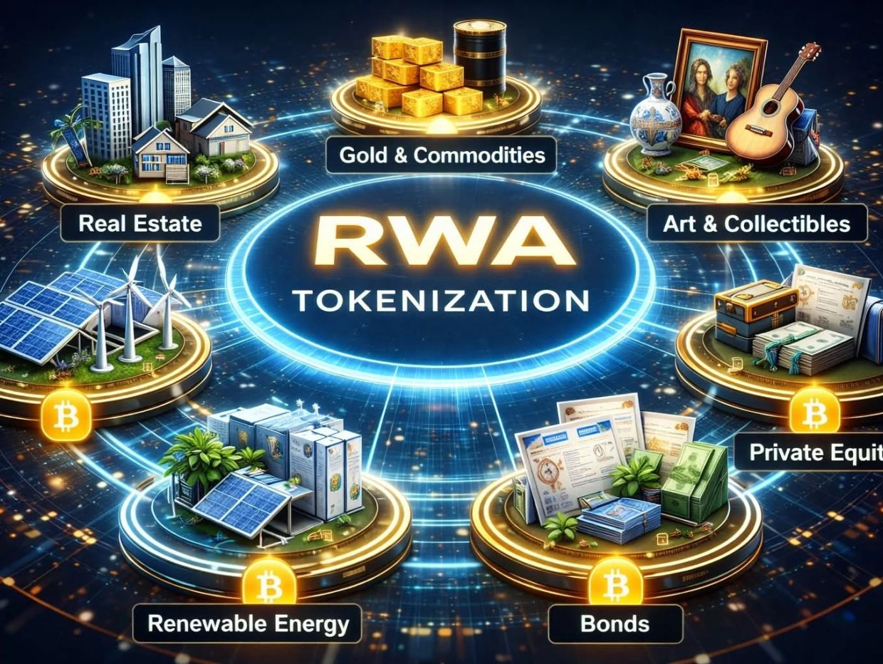 RWA tokenization sectors including real estate, gold, art, and more.