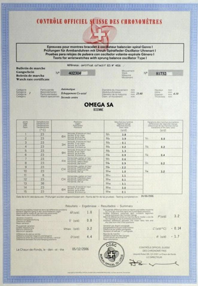 A sample of COSC Certification delivered to Omega A sample of COSC Certification delivered to Omega