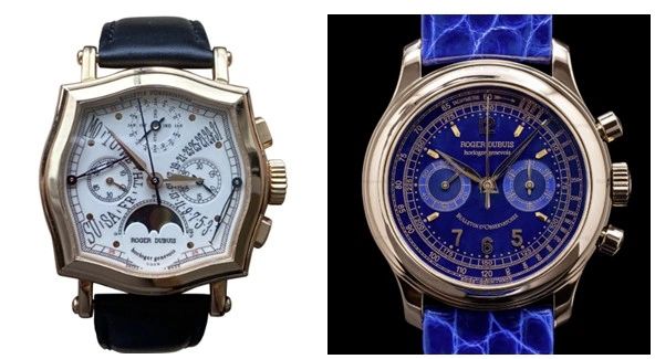 Roger Dubui's early models: Sympathie Retrograde Perpetual calendar (left) and Hommage Chronograph (right)