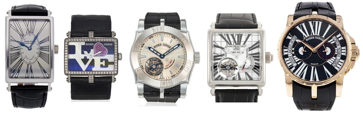 From left to right, Roger Dubuis' collections: MuchMore, TooMuch, EasyDiver, GoldenSquare and Excalibur
