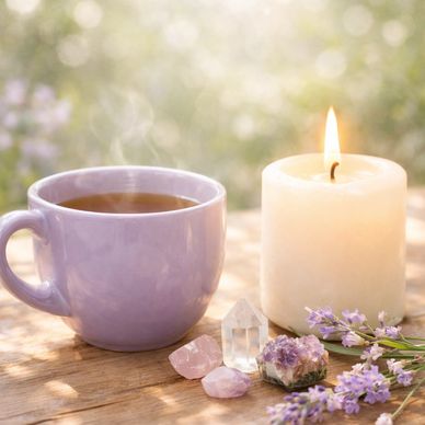 candle, crystals, and hot tea symbolic of spiritual wellness and peace with body, MariannePatricia