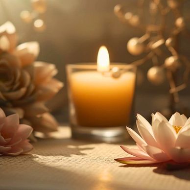 golden ambiance with candle and lotus signaling peace and spiritual healing through MariannePatricia