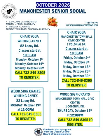 October 2026 Manchester Senior Social events and classes schedule.