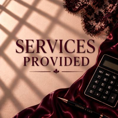 Elegant image with 'Services Provided' text, calculator, and pen on rich fabric.