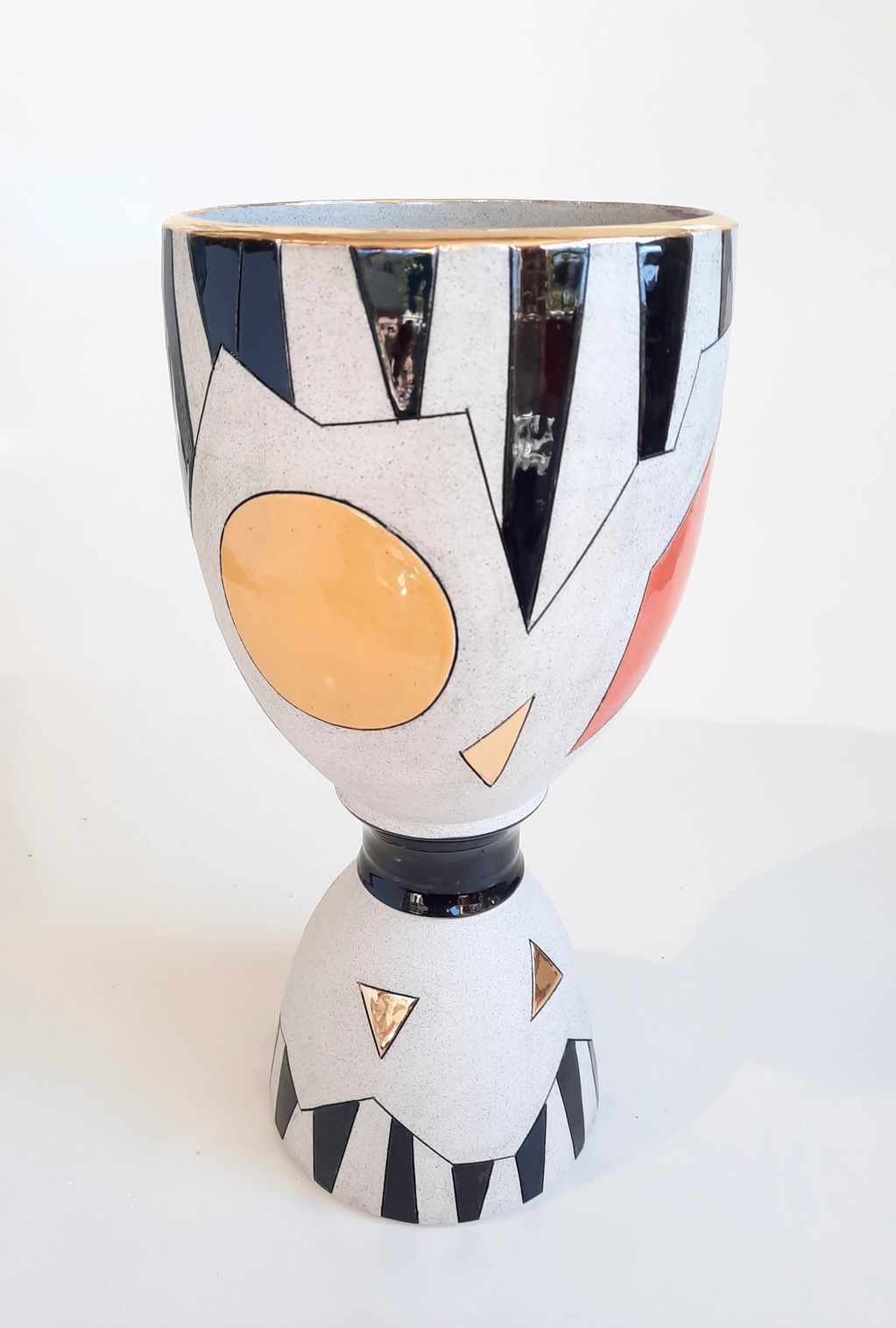 'TOTEM VESSEL' Thrown and constructed pieces.  Underglaze colours and 22ct gold lustre.  Multiple fi