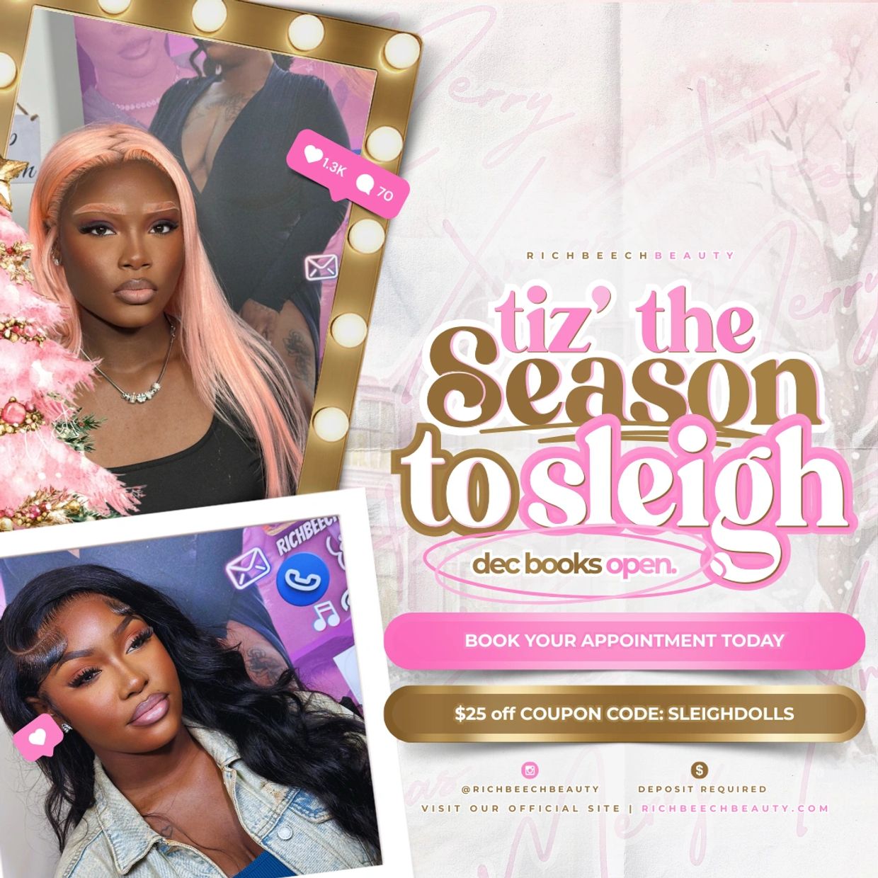 Enjoy $25 OFF any glam service using the code: SLEIGHDOLLS 🎁💖
📅 Sale ends December 31st


