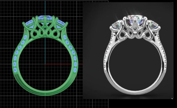Two versions of the same ring, one in green on a grid background and the other silver tone